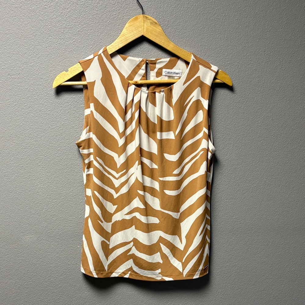 Calvin Klein Tan and White Zebra Print Blouse